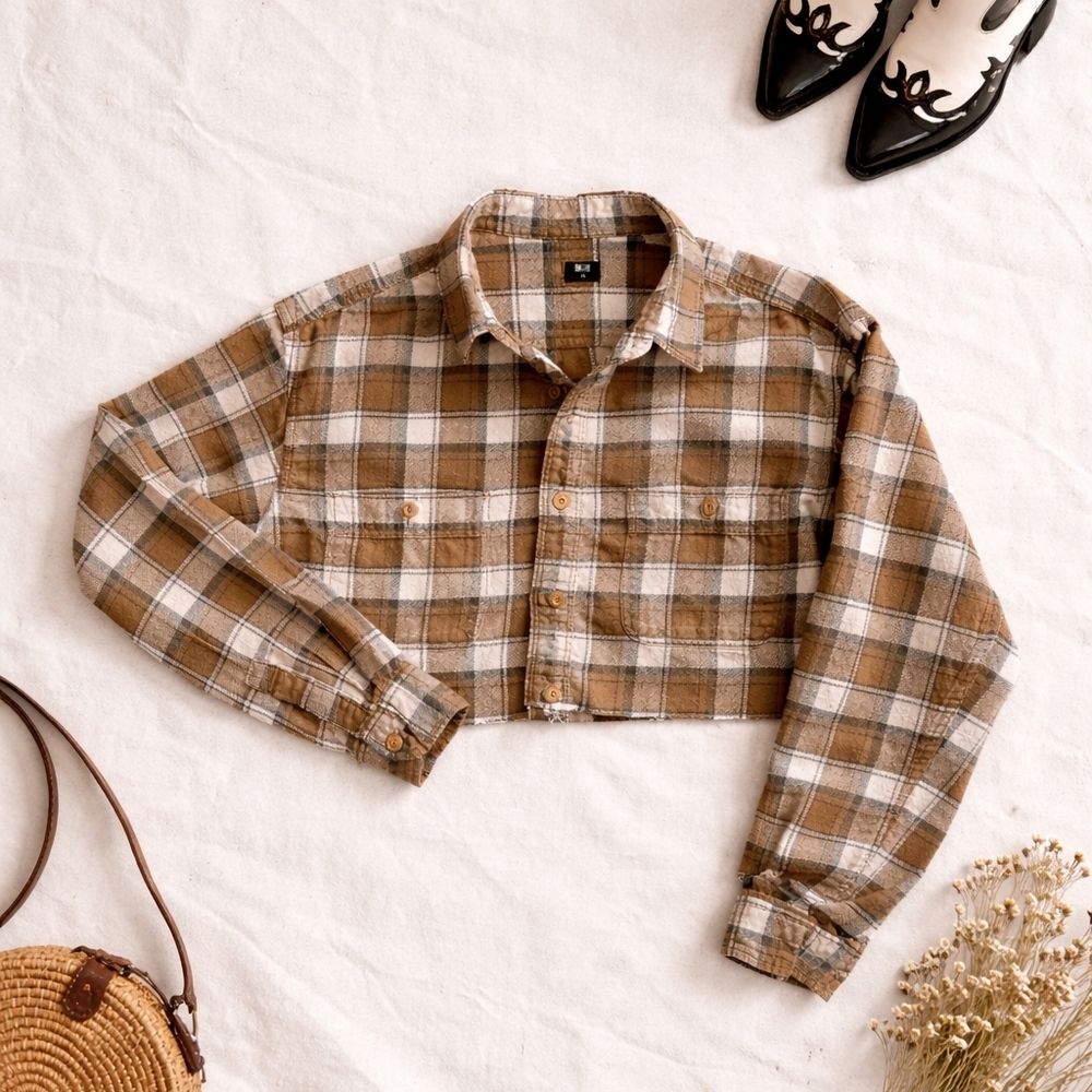 Brown and Cream Plaid Crop Flannel